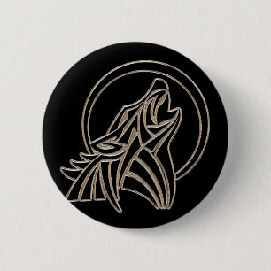 Macaron Rond 5 Cm Emblème de loup hurlant métallique tribal