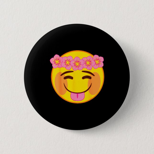 Macaron Rond 5 Cm Emoji Flower Crown Tongue Yellow Smile Face  (Devant)