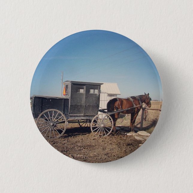 Macaron Rond 5 Cm En attente Cheval Amish et Buggy (Devant)