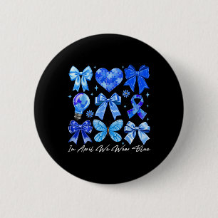 Macaron Rond 5 Cm En Avril Nous Portons L'Autisme Bleu Coquette Bow 