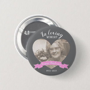 Macaron Rond 5 Cm En mémoire d'amour photo coeur rose ruban bouton