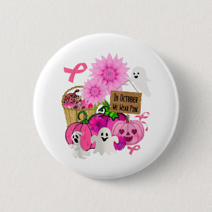Macaron Rond 5 Cm En Octobre Nous Portons Citrouille Rose, Fantôme E