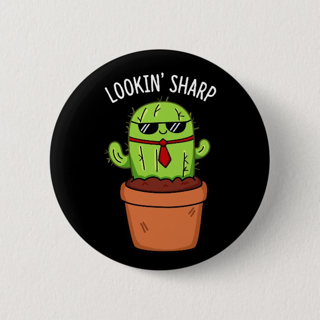 Macaron Rond 5 Cm En regardant Sharp Funny Cactus Pun Dark BG (Devant)