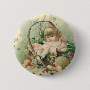 Macaron Rond 5 Cm Enfant victorienne vintage, fille panier de fruits