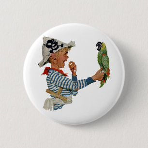 Macaron Rond 5 Cm Enfant vintage, Garçon Jouant Pirate Parrot Bird
