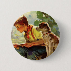 Macaron Rond 5 Cm Enfant vintage, Pêche avec son chien animal de com