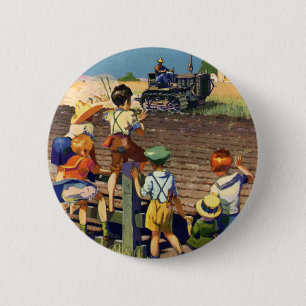 Macaron Rond 5 Cm Enfants vintage faisant signe à un agriculteur loc