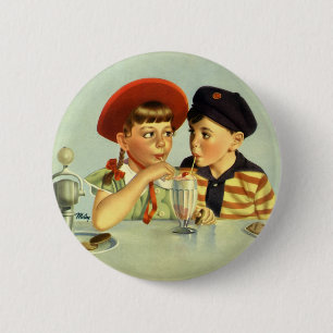 Macaron Rond 5 Cm Enfants vintages, garçons et filles partageant une