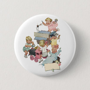 Macaron Rond 5 Cm Enfants vintages s'amusant Jouer avec des trains d