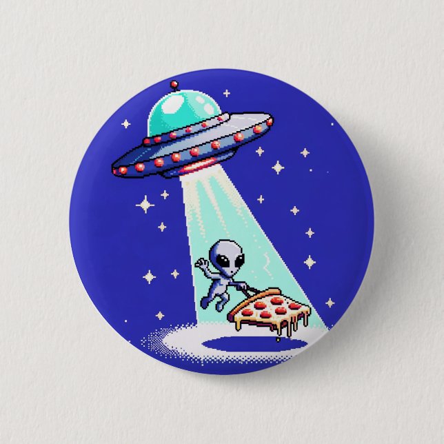 Macaron Rond 5 Cm Enlèvement de pizza Alien - Drôle Pixel Art UFO De (Devant)