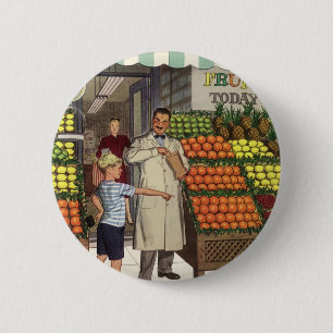 Macaron Rond 5 Cm Entreprise vintage, stand de fruits avec Grocer et