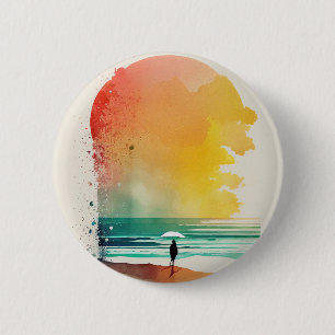 Macaron Rond 5 Cm Entrer dans les Vagues Art de plage abstrait