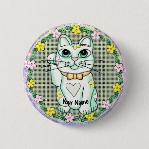 Macaron Rond 5 Cm Épingle blanche Lucky Cat