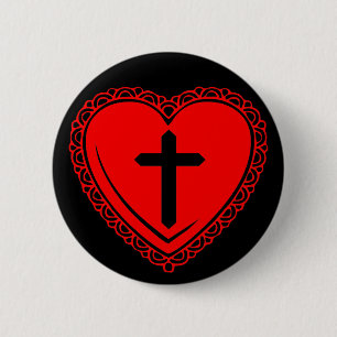Macaron Rond 5 Cm Épinglette Cœur + Croix Gothique (Noir + Rouge)