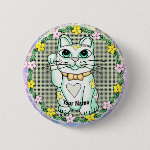 Macaron Rond 5 Cm Épinglette de chat chanceux blanc