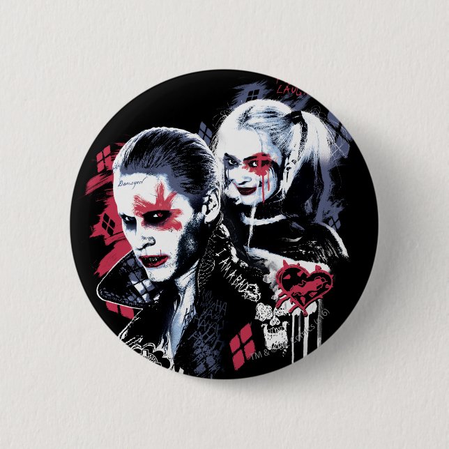 Macaron Rond 5 Cm Équipe de suicide | Graffiti peint Joker & Harley (Devant)