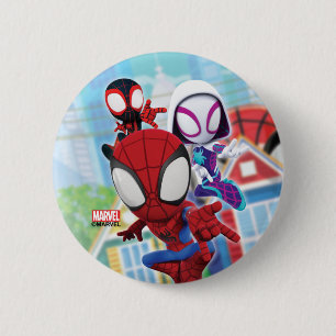 Macaron Rond 5 Cm Équipe Spidey Se Balançant Dans La Ville