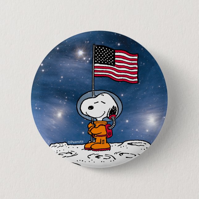Macaron Rond 5 Cm ESPACE | Snoopy avec astronaute du drapeau (Devant)