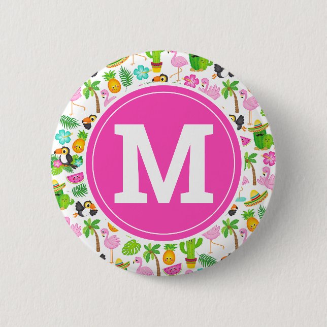 Macaron Rond 5 Cm Été Tropical Toucan et modèle floral (Devant)