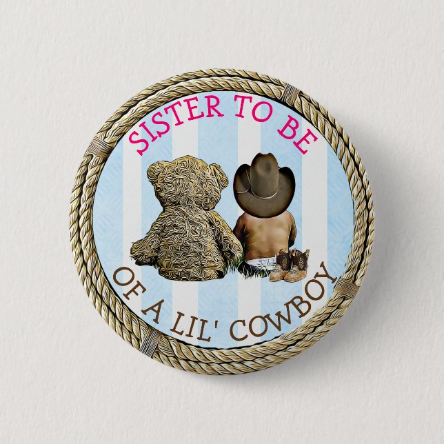 Macaron Rond 5 Cm Ethnique Bientôt être Soeur d'un Lil Cowboy Button (Devant)