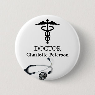 Macaron Rond 5 Cm Étiquette de nom de médecin Caducée Stéthoscope
