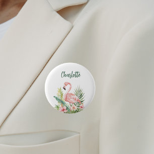 Macaron Rond 5 Cm Étiquette de nom flamant rose fleurs tropicales