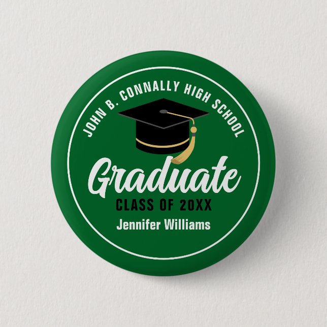 Macaron Rond 5 Cm Étiquette Green White High School Graduate Custom  (Devant)