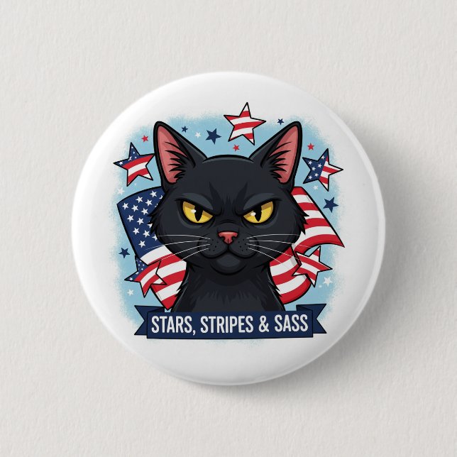 Macaron Rond 5 Cm Étoiles, bandes & Sass - Bouton de chat patriotiqu (Devant)