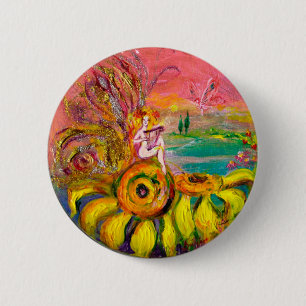 Macaron Rond 5 Cm FAIRY OF THE SUNFLOWERS jaune rose noir