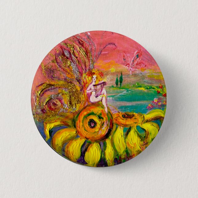 Macaron Rond 5 Cm FAIRY OF THE SUNFLOWERS jaune rose noir (Devant)