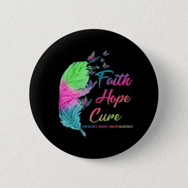 Macaron Rond 5 Cm Faith Hope Cure Metastatic Breast Cancer Plumes (Devant)