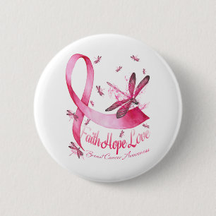 Macaron Rond 5 Cm Faith Hope Love Dragonfly Pink Ribbon Breast