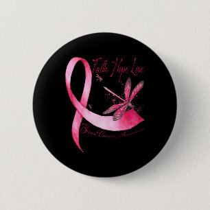 Macaron Rond 5 Cm Faith Hope Love Dragonfly Pink Ribbon Breast Cance
