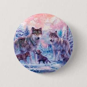 Macaron Rond 5 Cm Famille De Loups Peignant