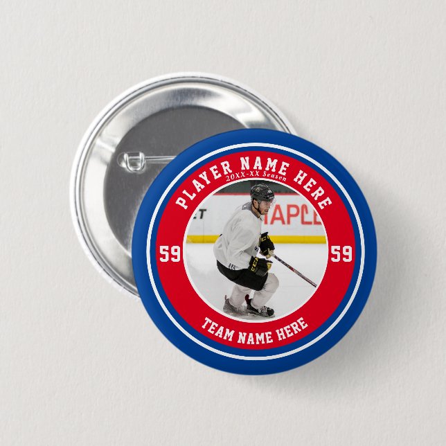Macaron Rond 5 Cm Famille personnalisée Blue Red Team Ice Hockey (Devant & derrière)