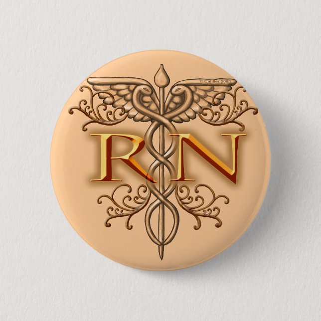 Macaron Rond 5 Cm Fancy Cuivre Caduceus RN Infirmière pin (Devant)
