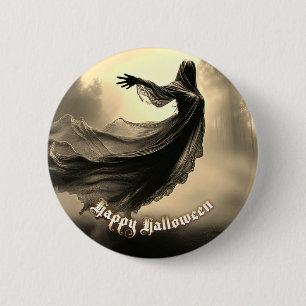 Macaron Rond 5 Cm Fantôme Féminin Noir dans un Paysage Infernnal - H