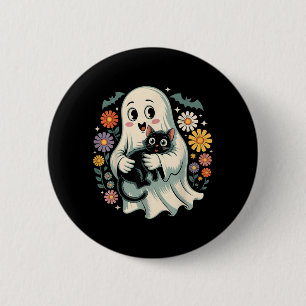 Macaron Rond 5 Cm Fantôme Fleur Groovy Tenant Chat Noir Halloween