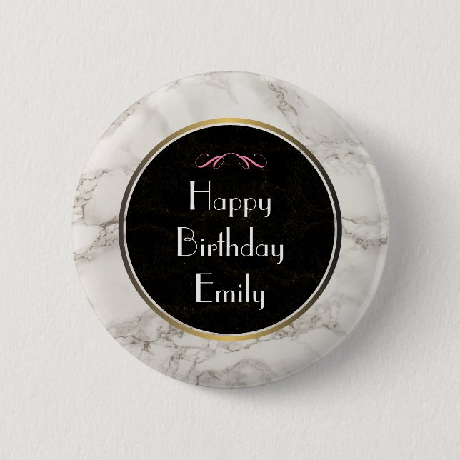 Macaron Rond 5 Cm Faux Marbre Albâtre Taupe Tan Joyeux Anniversaire (Devant)