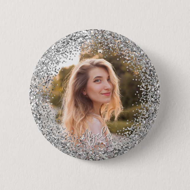 Macaron Rond 5 Cm Faux Silver Glitter Photo (Devant)