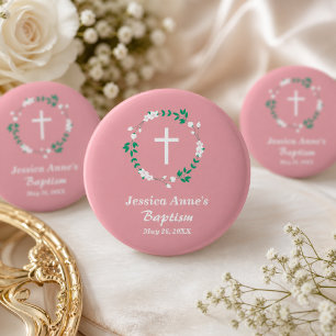 Macaron Rond 5 Cm Favori de baptême à croix florale rose poudrée bla