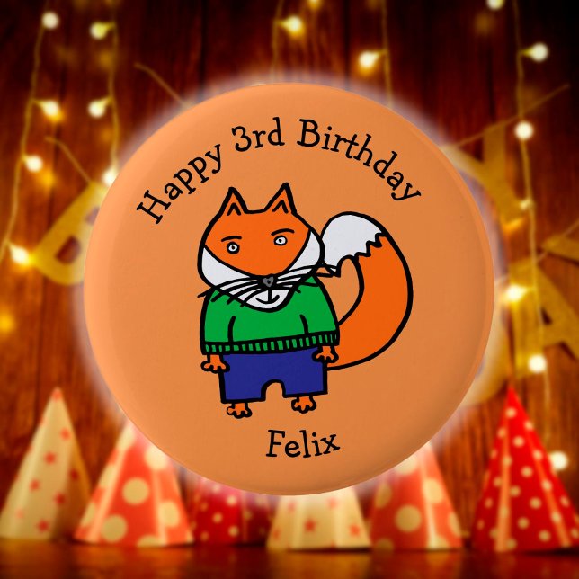 Macaron Rond 5 Cm Felix le Fox Joyeux anniversaire personnalisé (Personalized Felix the Fox Happy Birthday Pinback Button)