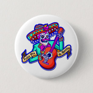 Macaron Rond 5 Cm Feliz Dia De Muertos avec Squelette Jouer de la gu