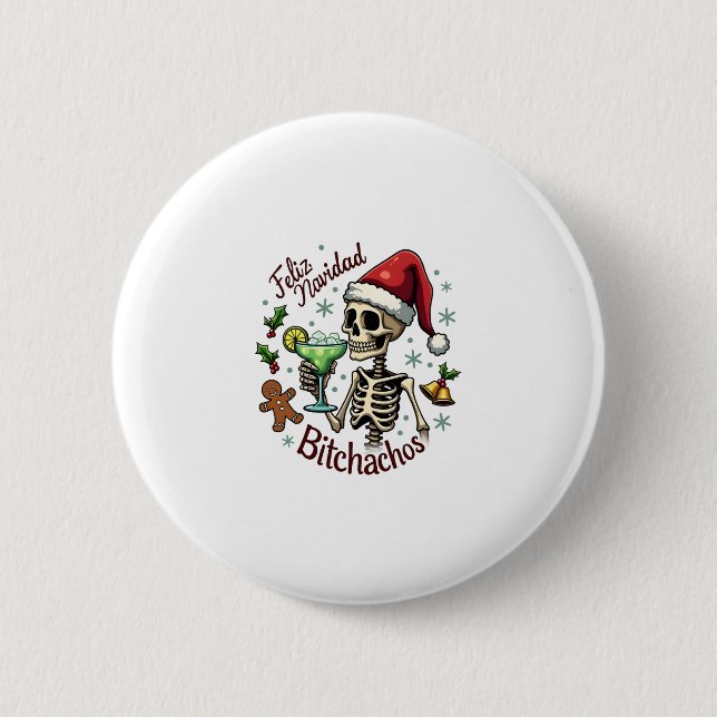 Macaron Rond 5 Cm Feliz Navidad Bitchachos Funny Skull Spanish Merry (Devant)