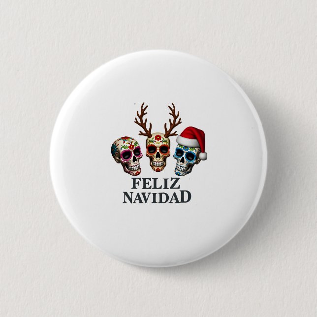 Macaron Rond 5 Cm Feliz Navidad Sugar Skulls Reindeer Santa Mexican  (Devant)