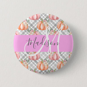 Macaron Rond 5 Cm Féminin Floral Gris Rose Pêche Citrouille Monogram