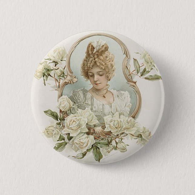 Macaron Rond 5 Cm Femme avec le bouton de roses blancs (Devant)