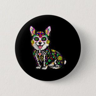 Macaron Rond 5 Cm Femme Corgi Chien Mexicain Crâne de Sucre Calavera