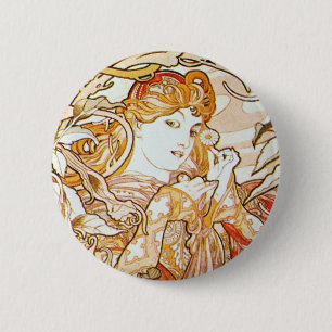 Macaron Rond 5 Cm Femme de Mucha avec un bouton de Nouveau d'art de