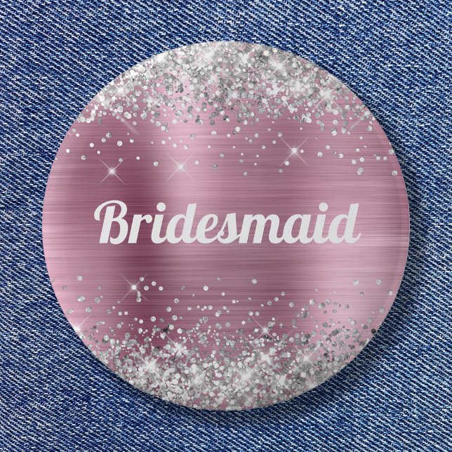 Macaron Rond 5 Cm Femme d'honneur de Parties scintillant d'argent ro (Silver Glitter Pink Foil Bridesmaid Button)